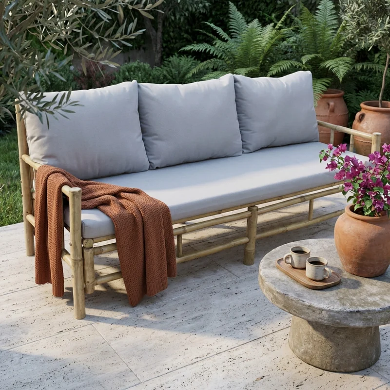 Divano "Margarita" in legno di Bamboo, con cuscino, 180x70x80 cm