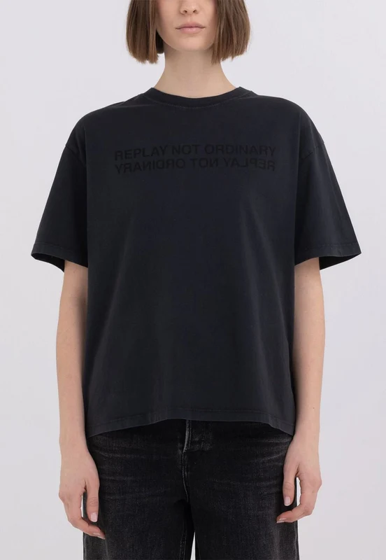 טי שירט כיתוב Oversize נשים BLACK / M