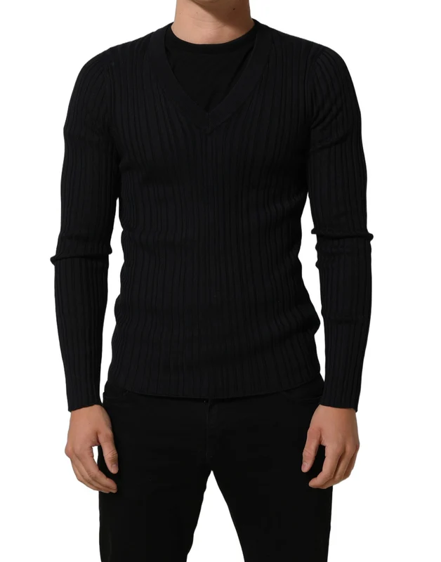 Dolce & Gabbana Black Silk Blend V-neck Pullover Men Sweater IT48 | M