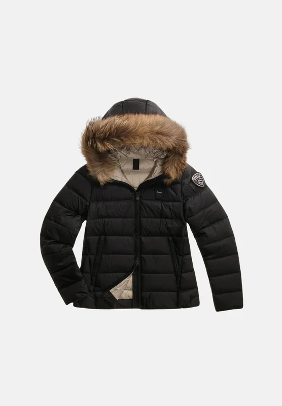 BLAUER Piumino ARCADIA nero con interno beige chiaro da donna in nylon lucido idrorepellente, con imbottitura naturale in piuma d'anatra, cappuccio fi XL