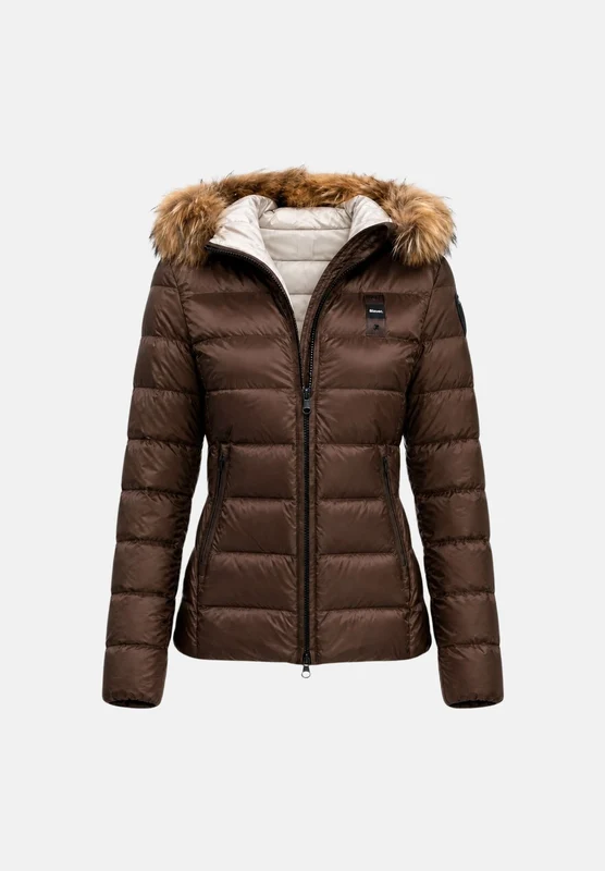 BLAUER Piumino corto ARCADIA Brown marrone cioccolato da donna, in nylon lucido con imbottitura in vera piuma d'anatra, cappuccio fisso con bordo in v XL