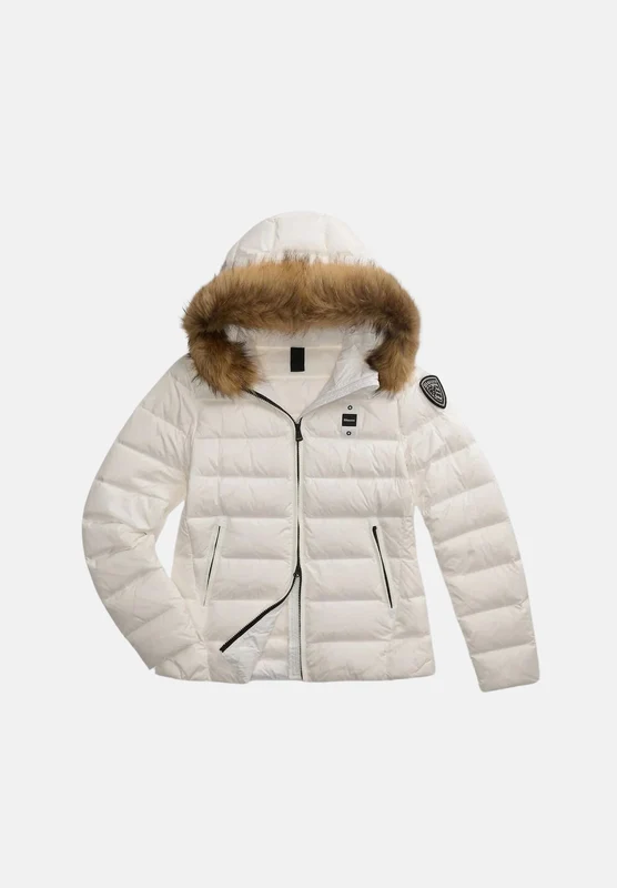 BLAUER Piumino corto ARCADIA Bianco Ottico bianco da donna, in nylon lucido con imbottitura in vera piuma d'anatra, cappuccio fisso con bordo in vera XS