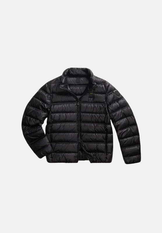 BLAUER Piumino corto BELMONT Nero nero da uomo, in nylon lucido con imbottitura in vera piuma d'anatra, collo alla coreana, trapuntatura orizzontale a M