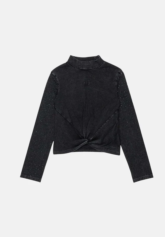 DIESEL T-shirt manica lunga TKNOT nera per donna, ragazza e bambina con dettaglio incrociato annodato e dettaglio strass sulle spalle 10A - XS
