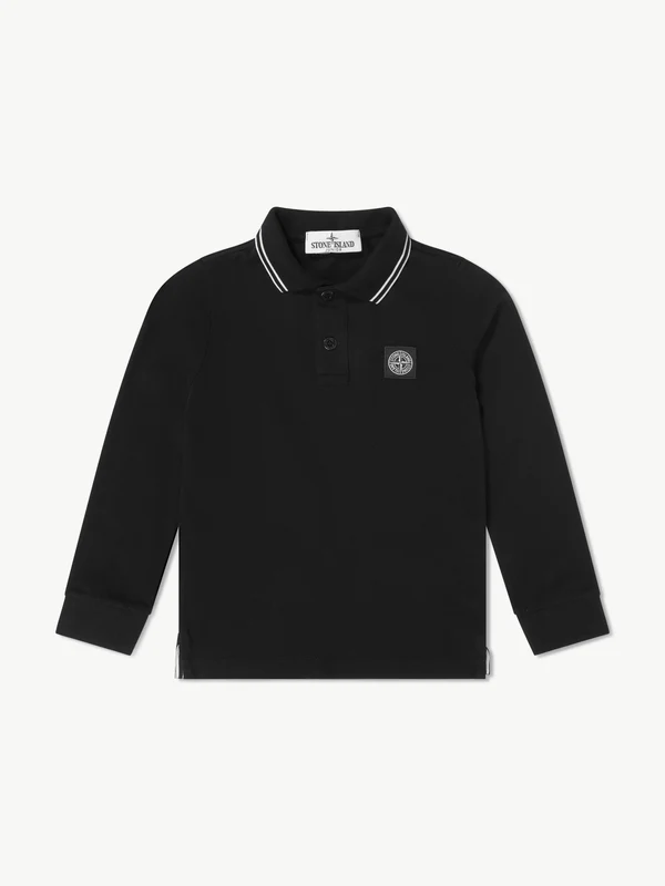 Stone Island Boys Organic Cotton Long Sleeve Polo Shirt in Black Black / 2 Yrs