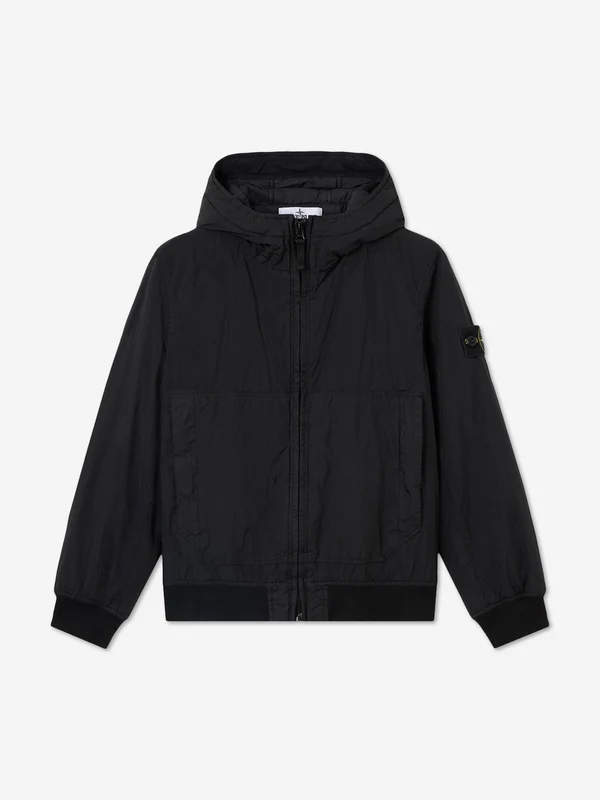 Stone Island Boys Crinkle Reps NY Hooded Jacket in Black Black / 2 Yrs