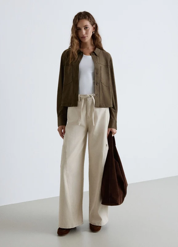 Camicia a tinta unita effetto camoscio con tasche S