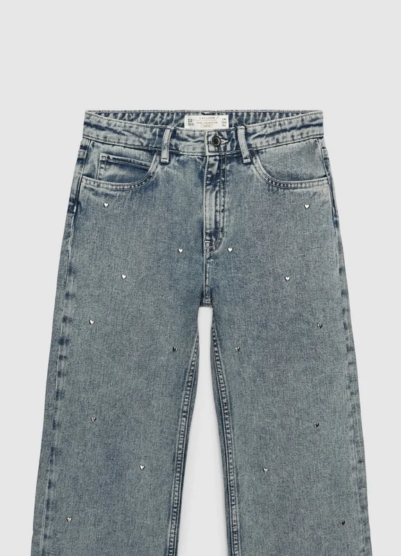 Jeans wide leg con applicazioni a cuore 14+