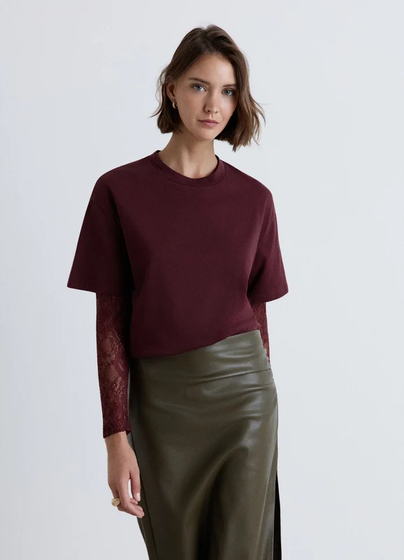 T-shirt con maniche in pizzo L