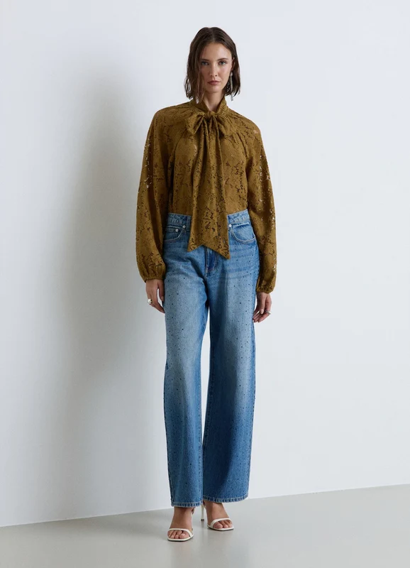 Jeans wide leg con strass laterali 46