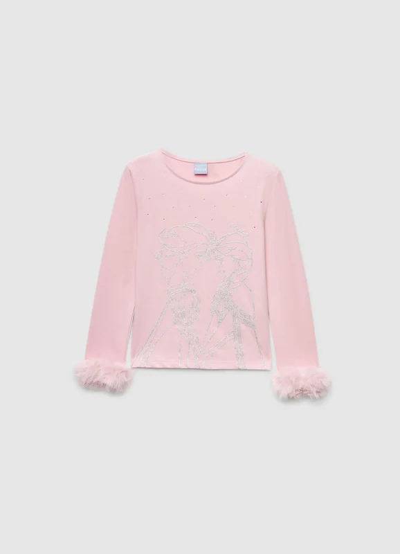 T-shirt con stampa Frozen e polsini effetto peluche 4-5