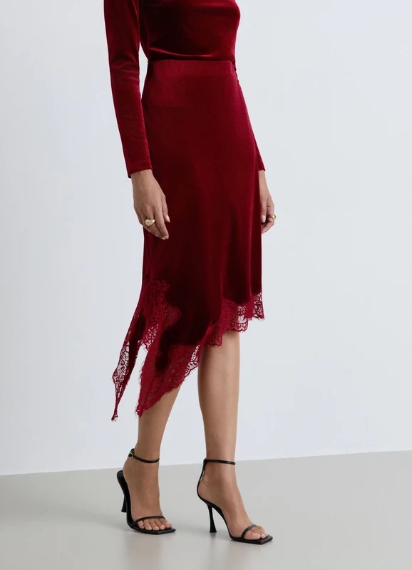 Gonna midi in ciniglia con bordo in pizzo L