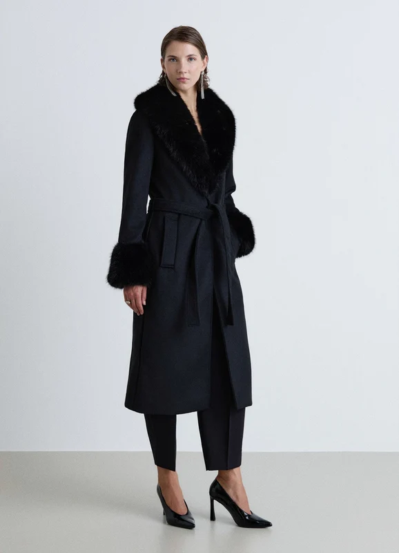 Cappotto lungo con cintura e collo effetto pelo 3XL