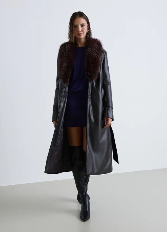 Trench lungo con cintura e collo effetto pelo XS