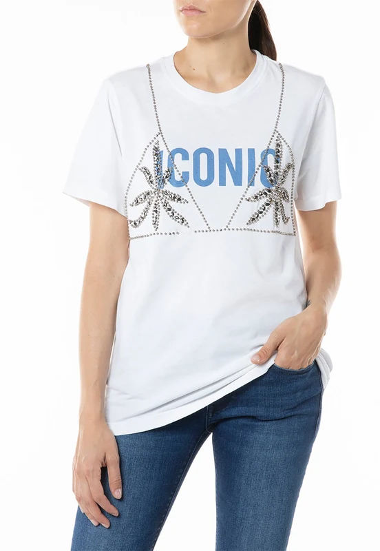 חולצה טי שירט כותנה קצרה הדפס בחזה נשים WHITE / S