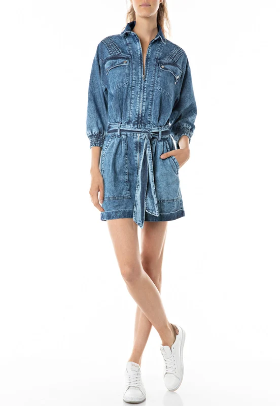 שמלת ג’ינס נשים קצרה עם חגורת קשירה BLUE / S