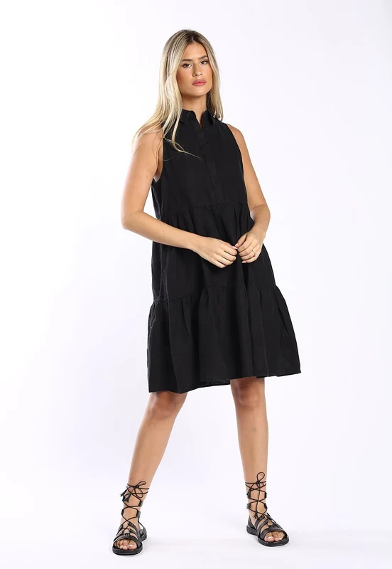 שמלת פשתן צווארון נשים BLACK / XS