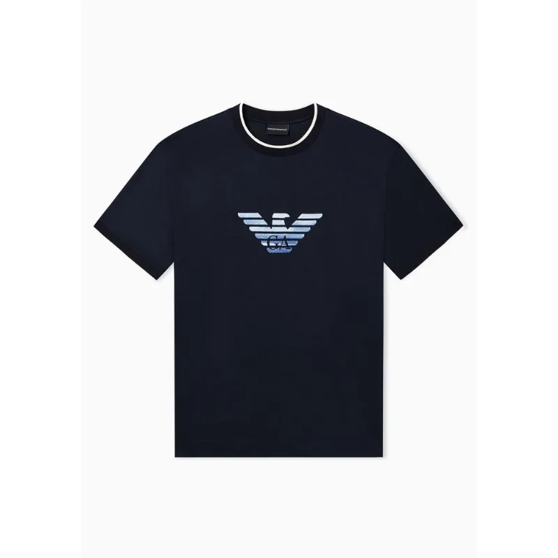 Camiseta Slim Fit em Malha com Bordado Degradê Azul Marinho - XXL
