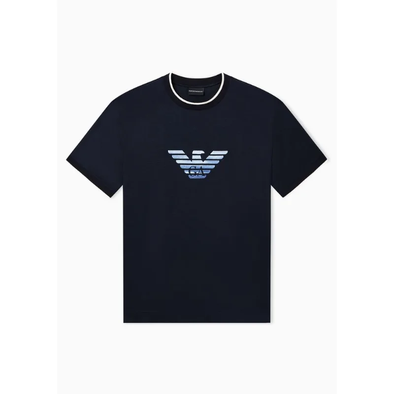 Camiseta Slim Fit em Malha com Bordado Degradê Azul Marinho - L
