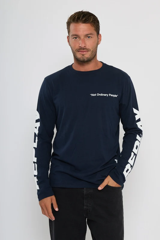 טי שירט ארוכה לגברים בצבע כחול כהה עם הדפס BLACK / M