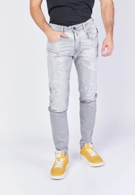 מכנסי ג'ינס ANBASS בגזרת Slim עם קרעים מתופרים גברים GRAY / 30