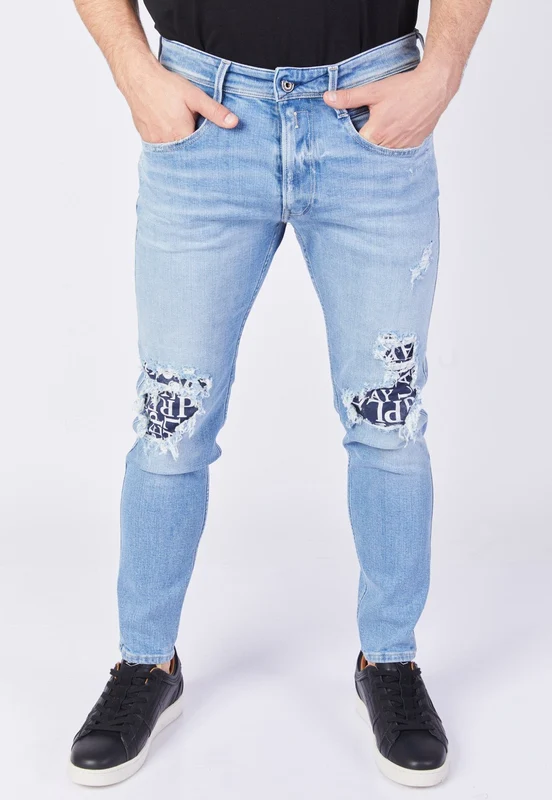 ג'ינס Slim Fit BRONNY עם קרעים וטלאים ממותגים גברים BLUE / 30