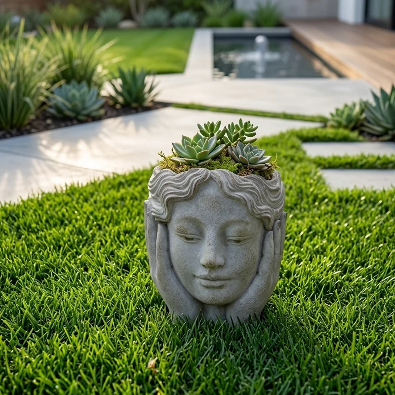 Statua decorativa "Faces" testa con vaso da giardino per veranda in Cemento Pensatore