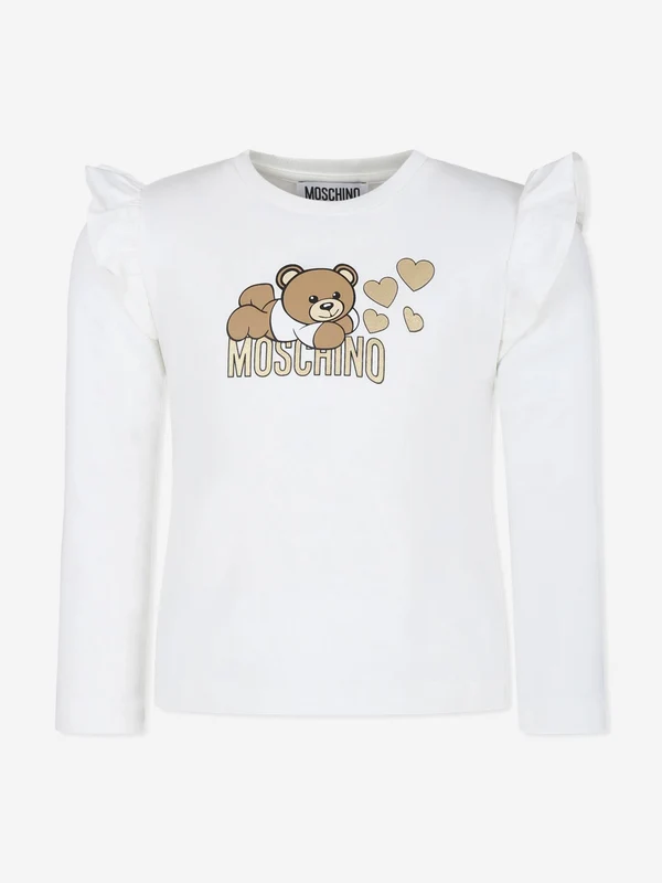 Moschino Girls Long Sleeve Logo T-Shirt in Ivory Ivory / 10 Yrs