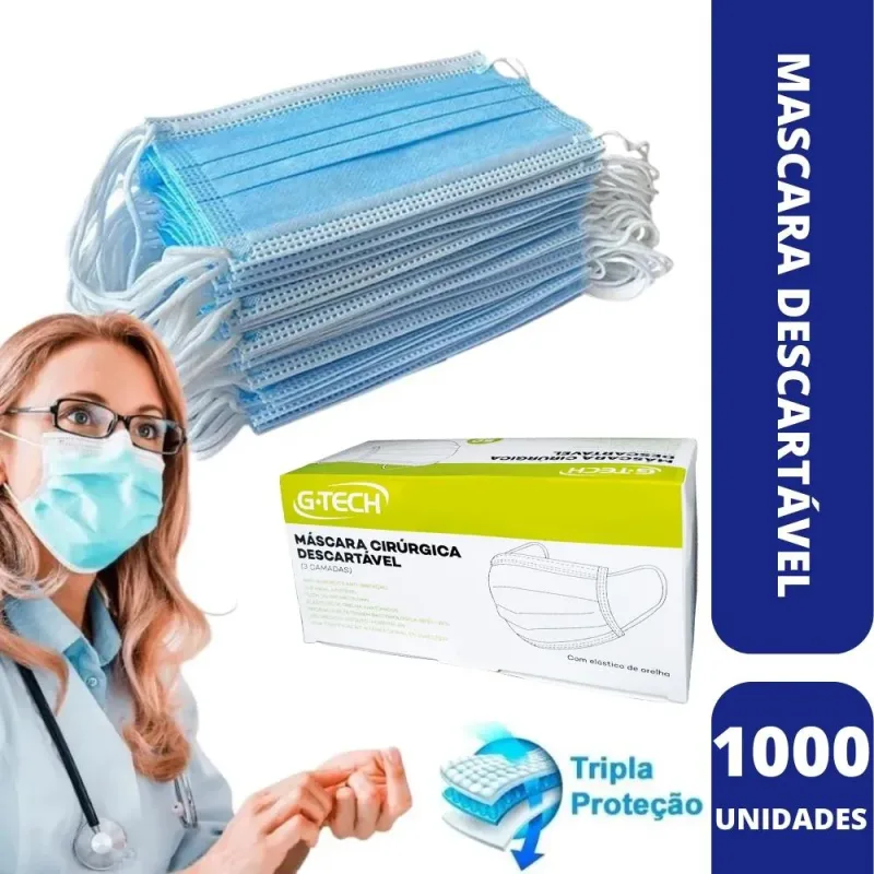 Máscara Descartável Tripla Azul com Elástico (C/1000) - G-tech