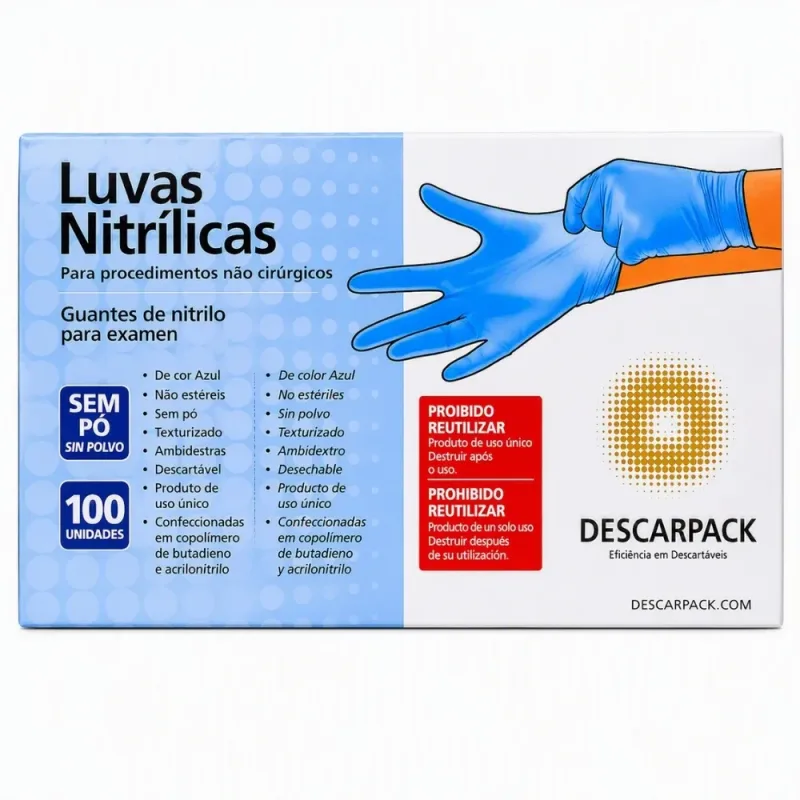 Luva de Procedimento Nitrílica SEM PÓ Azul (CX C/100) - Descarpack