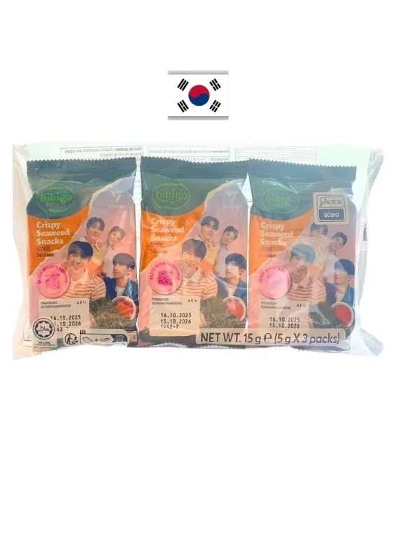 CJ AJINORI BIBIGO SNACK ORIGINAL SESAME 3P 15g - Alga temperada com óleo de gergelim. Origem: Coreia do Sul
