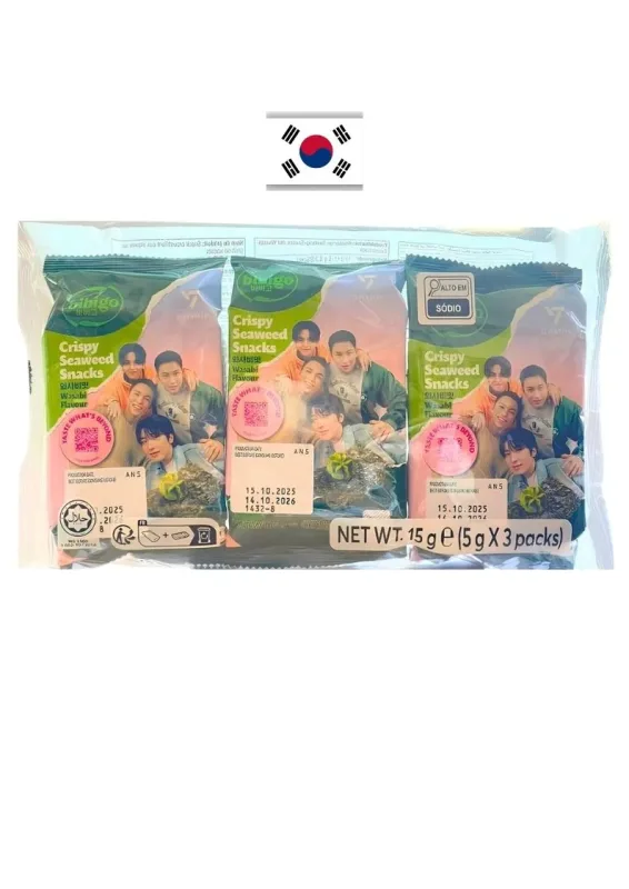 CJ AJINORI BIBIGO SNACK WASABI 3P 15g - Alga grelhada e temperada sabor wasabi. Origem: Coréia do Sul