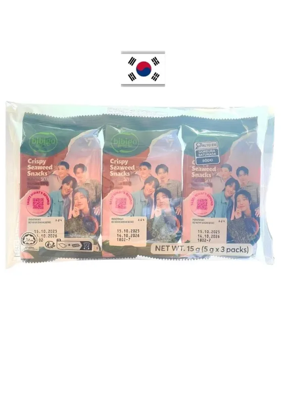 CJ AJINORI BIBIGO SNACK BBQ 3P 15g - Alga marinha grelhada e temperada sabor agridoce (Bulgogi). Origem: Coreia do Sul