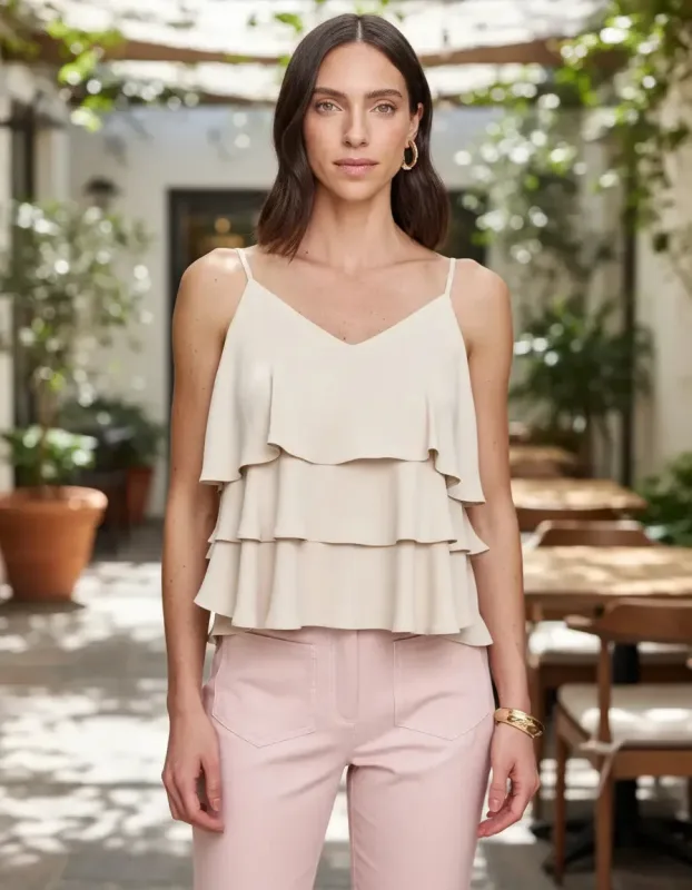 Blusa Crepe Alça Fina Com Babados Areia Areia Liso 42