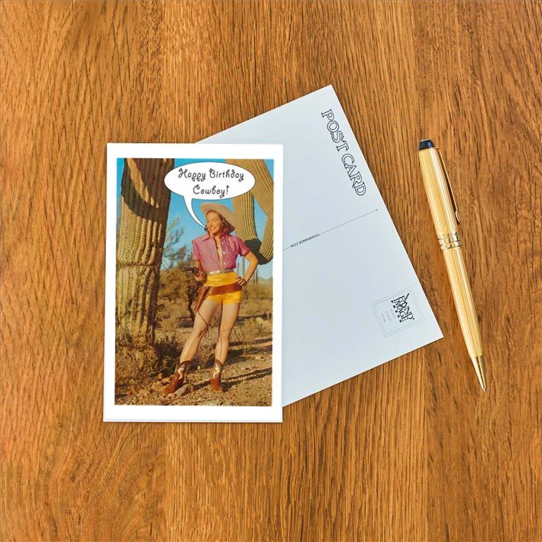 HB-58 Happy Birthday Cowboy, Girl and Saguaro - Vintage Image Postcard, Pack of 10