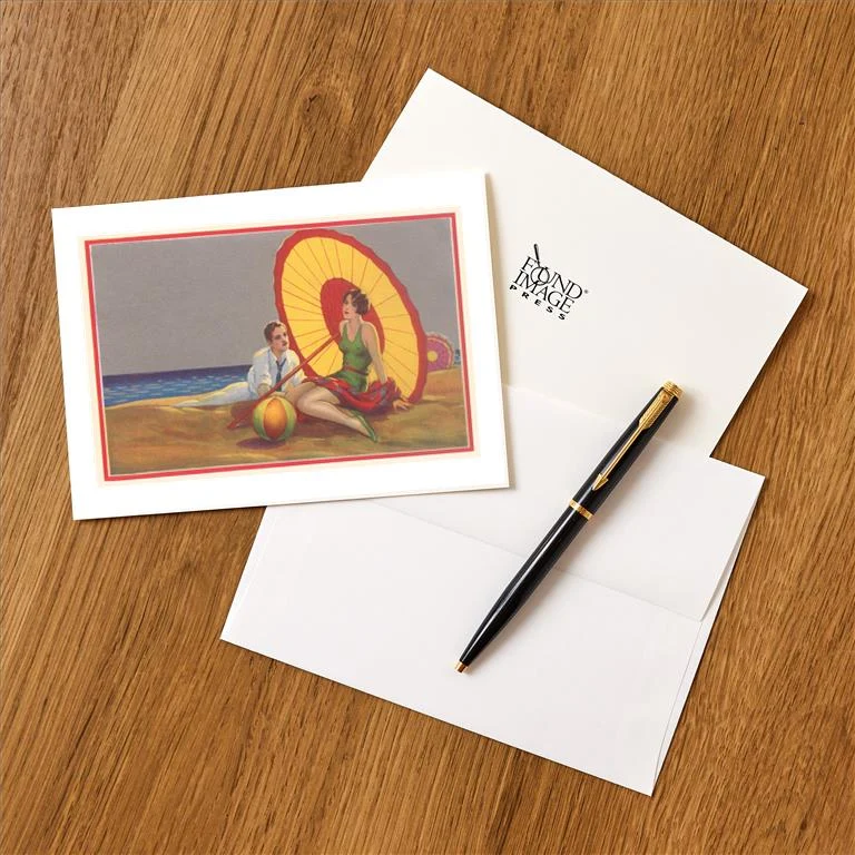 TS-393 Man and Woman on Beach with Ball and Umbrella - Vintage Image Greeting Card, Pack of 4