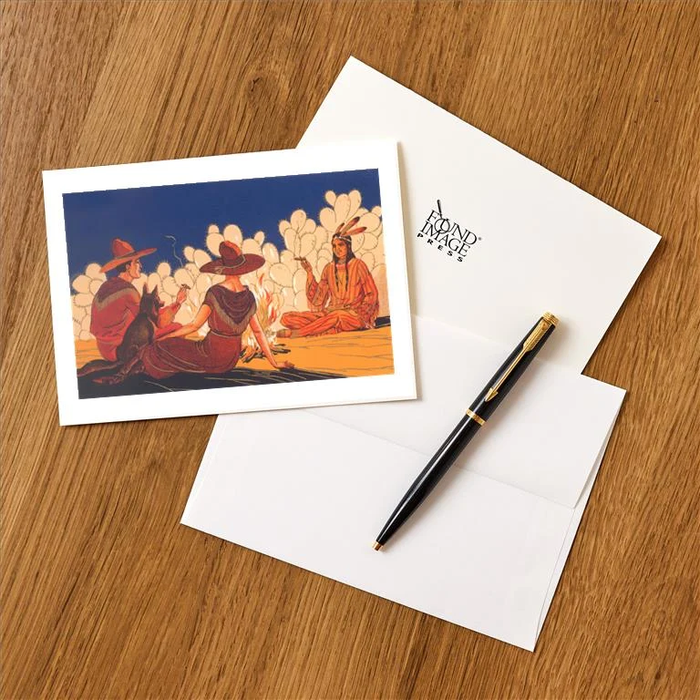 TW-132 Cowboy, Cowgirl, Native American at Campfire - Vintage Image Greeting Card, Pack of 4