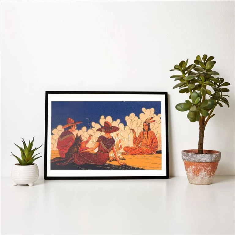 TW-132 Cowboy, Cowgirl, Native American at Campfire - Vintage Image Art Print, Individual Print