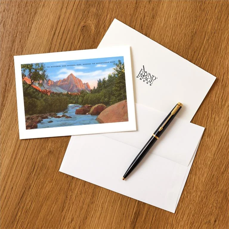 UT-40 Watchman, Zion Park, Makuntuweap River, Utah - Vintage Image Greeting Card, Pack of 4