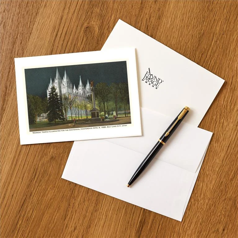 UT-67 Night, Mormon Temple, Salt Lake City, Utah - Vintage Image Greeting Card, Pack of 4