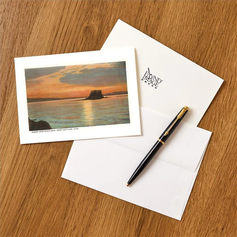 UT-08 Sunset over Black Rock, Great Salt Lake, Utah - Vintage Image Greeting Card, Pack of 4