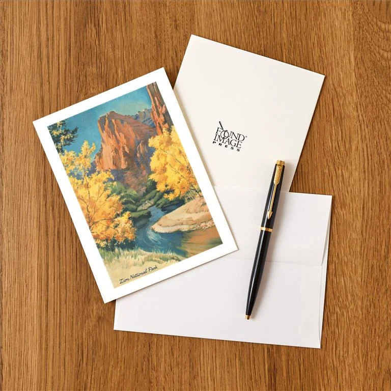 UT-208 Painting of Zion National Park in Autumn - Vintage Image Greeting Card, Pack of 4