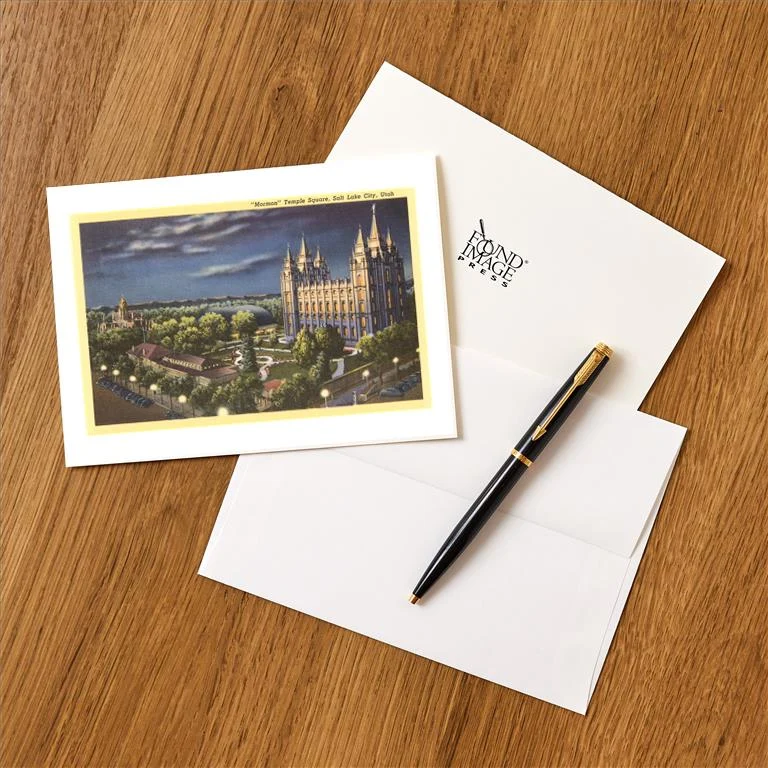 UT-24 Night, Mormon Temple Square, Salt Lake City, Utah - Vintage Image Greeting Card, Pack of 4