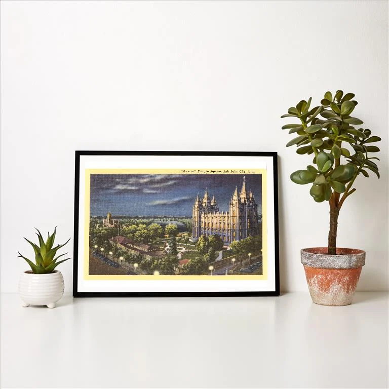 UT-24 Night, Mormon Temple Square, Salt Lake City, Utah - Vintage Image Art Print, Individual Print