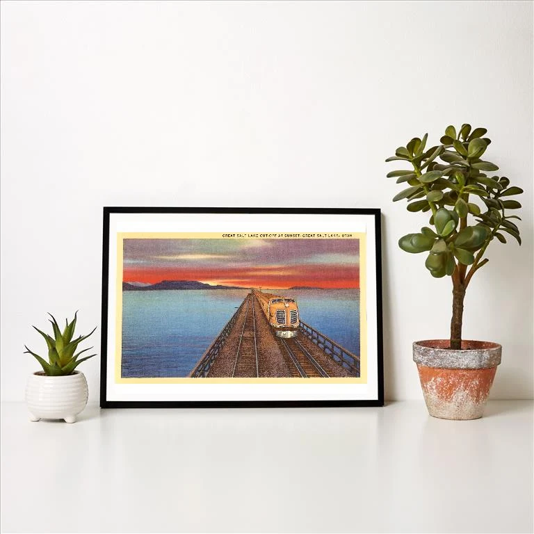 UT-61 Streamlined Train Crossing Great Salt Lake, Utah - Vintage Image Art Print, Individual Print