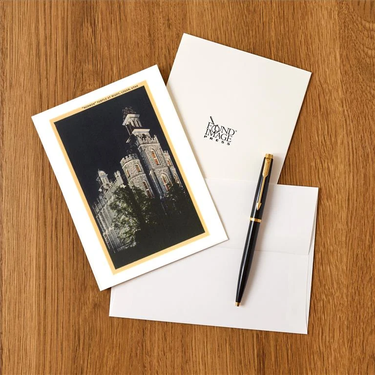 UT-191 Mormon Temple at Night, Logan, Utah - Vintage Image Greeting Card, Pack of 4