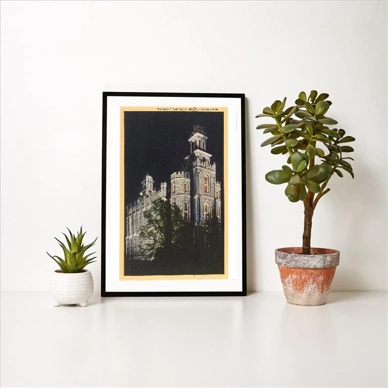 UT-191 Mormon Temple at Night, Logan, Utah - Vintage Image Art Print, Individual Print