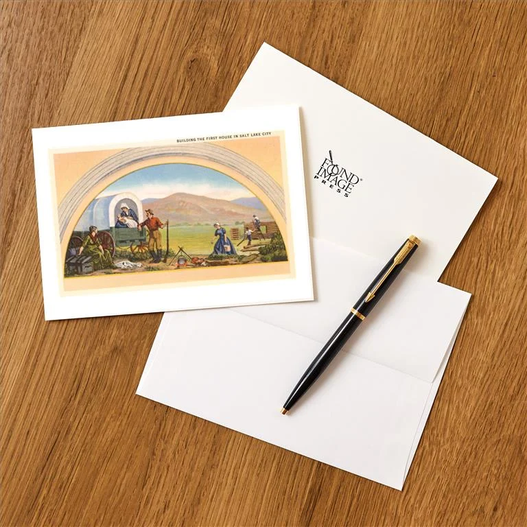UT-147 Building the First House in Salt Lake City, Utah, Illustration - Vintage Image Greeting Card, Pack of 4