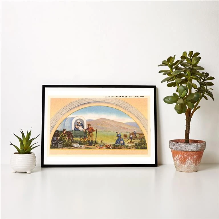 UT-147 Building the First House in Salt Lake City, Utah, Illustration - Vintage Image Art Print, Individual Print