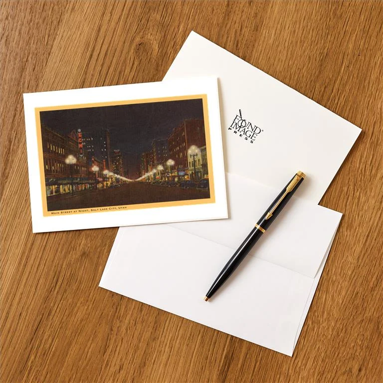 UT-49 Night, Main Street, Salt Lake City, Utah - Vintage Image Greeting Card, Pack of 4